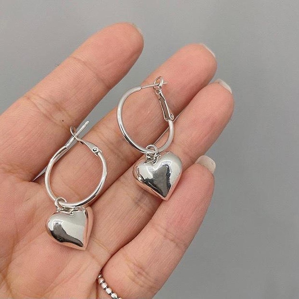 Dangle heart earrings, puffy heart earrings, silver heart earrings, gold heart